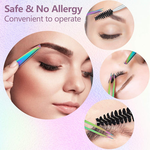 Honoson 6 Pcs Eyebrow Tweezers Set for Women, Precision Tweezers with Curved Scissors and Eyelash Brush, Rainbow Color