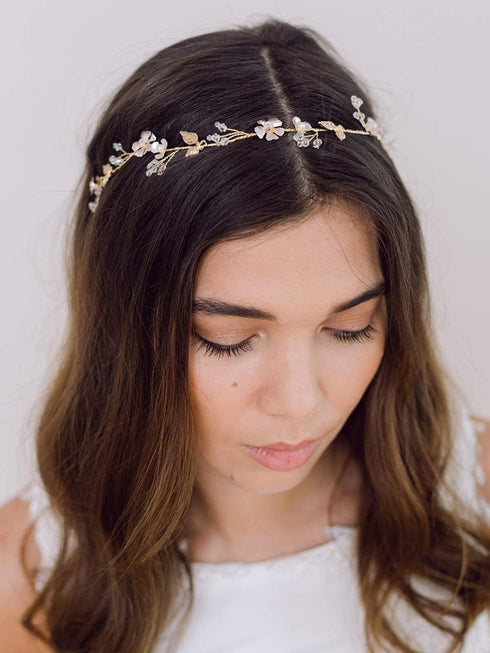 SWEETV Handmade Wedding Headband, Flower-Leaf Bridal Headpieces for Wedding Hair Accessories