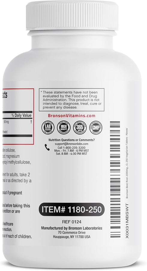 Bronson Beet Root Extra Strength (2000mg equivalent per serving) - Non-GMO, 250 Vegetarian Tablets
