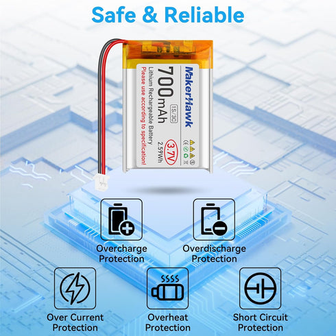 MakerHawk 3.7V 700mAh 603040 Ph1.25 (2 Lipo Battery Rechargeable Lithium Polymer Battery Micro Connector Integrated