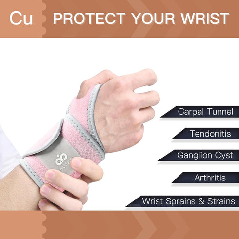 INDEEMAX 2 Pack Copper Wrist Brace Support for Carpal Tunnel, Pain Relief, Adjustable Compression Wraps (Pink)