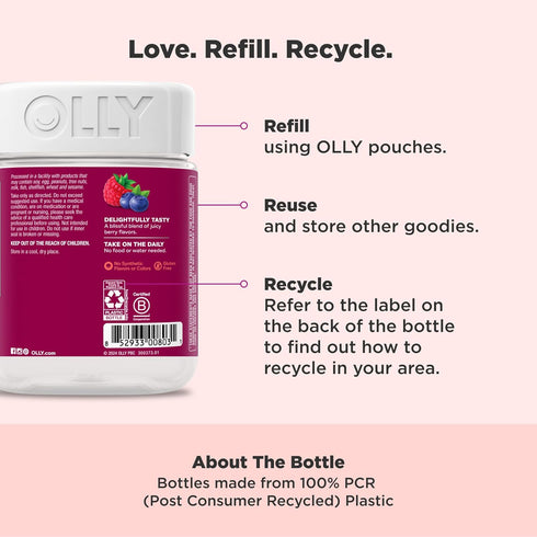 OLLY Women's Multivitamin Gummy, Berry Flavor, 130 Count, Vitamins A, D, C, E, Biotin, Folic Acid, 65 Day Supply