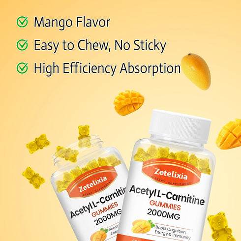 2000mg Acetyl L-Carnitine Gummies, Vegan Mango Flavor, Nutrition Supplement for Energy, Immunity & Metabolism, 60 Count