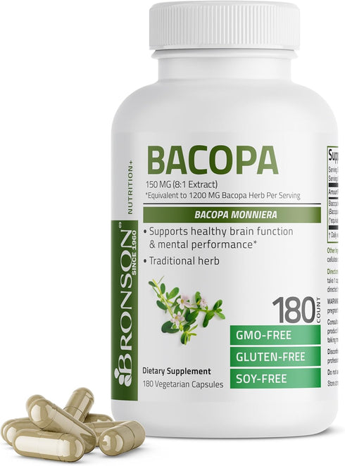 Bronson Bacopa (1200mg Equivalent from 8:1 Extract) Supports Healthy Brain Function, Non-GMO, 180 Vegetarian Capsules
