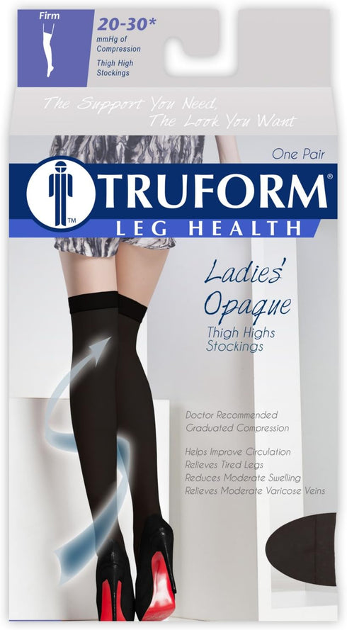 Truform Women's Compression Stockings, 20-30 mmHg, Thigh High Length, Closed Toe, Opaque, Large Black