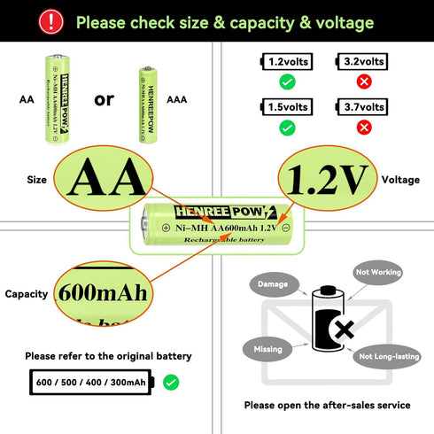 Henreepow 12-Pack Rechargeable AA Solar Batteries Ni-Mh 1.2V 600mAh - Pre-Charged for Outdoor Lights