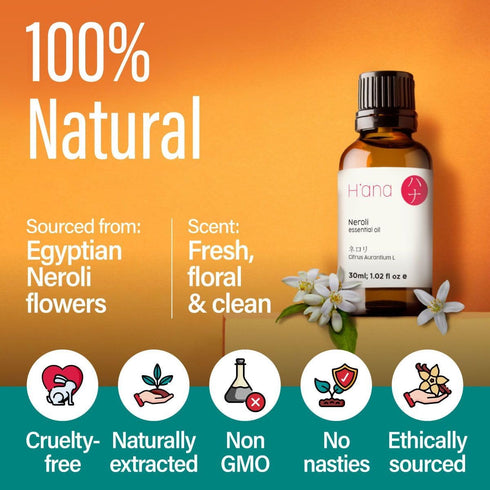 H’ana Neroli Essential Oil, 100% Pure Natural Oil for Skin, Aromatherapy, Soap, Candle Making, 1 Fl Oz