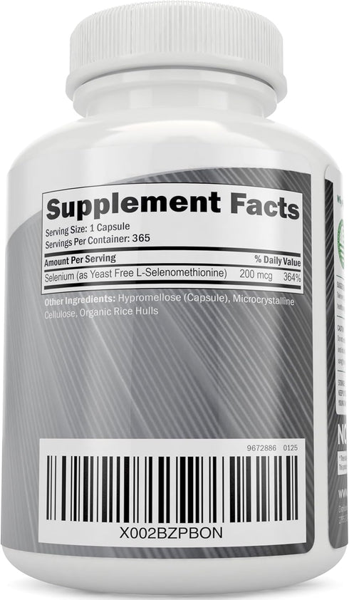 Selenium 200mcg - 365 Vegan Capsules, Pure & Yeast Free L-Selenomethionine for Thyroid, Heart, Immune Support