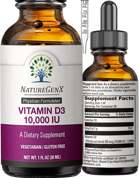 Vitamin D Liquid Drops for Adults: Vegan D3 10000 IU for Immune Support & Bone Strength, 30ml, 30 Servings