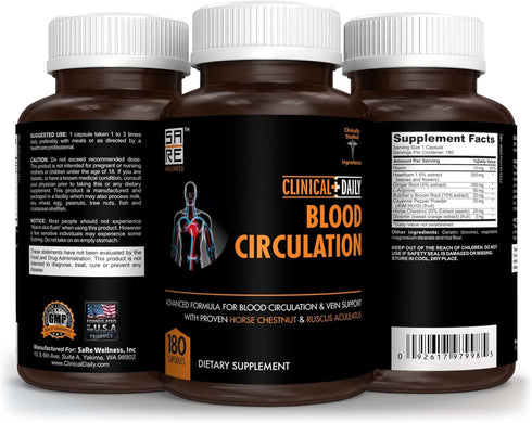 Clinical Daily Blood Circulation Supplements, Varicose Veins Treatment for Legs, 180 Capsules, Diosmin, Arginine,