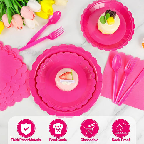 175 Pcs Hot Pink Party Supplies, Includes 25 Guest Hot Pink Plates, Napkins, Cups, and Plastic Spoons