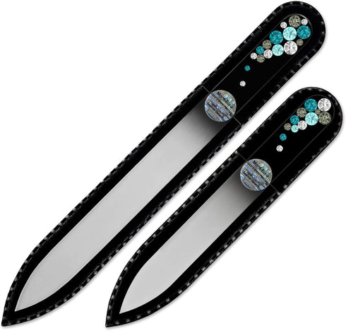 Mont Bleu Set of 2 Glass Nail Files, Hand Decorated with Crystals, Black Velvet Sleeve, Genuine Czech Glass