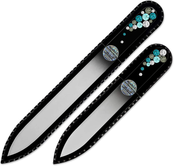 Mont Bleu Set of 2 Glass Nail Files, Hand Decorated with Crystals, Black Velvet Sleeve, Genuine Czech Glass