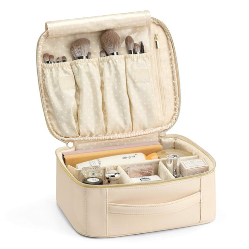 Vlando Travel Makeup Bag, Large Capacity PU Leather Cosmetic Case Organizer, Portable Bag with Dividers and Handle Beige