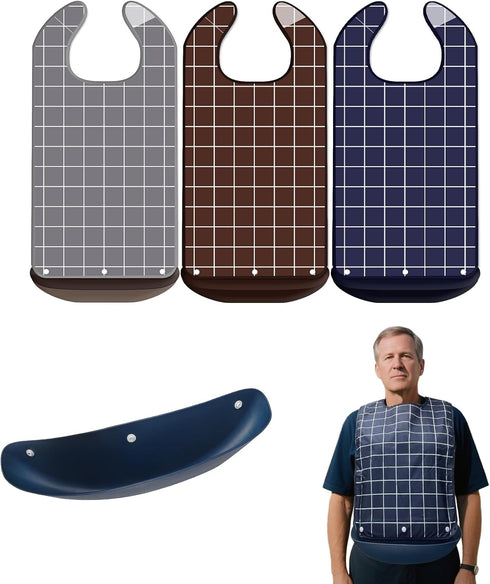 Adult Bibs for Men,Seniors,Women,3-Pack Washable Waterproof Bib with Crumb Catcher,Easy to Clean