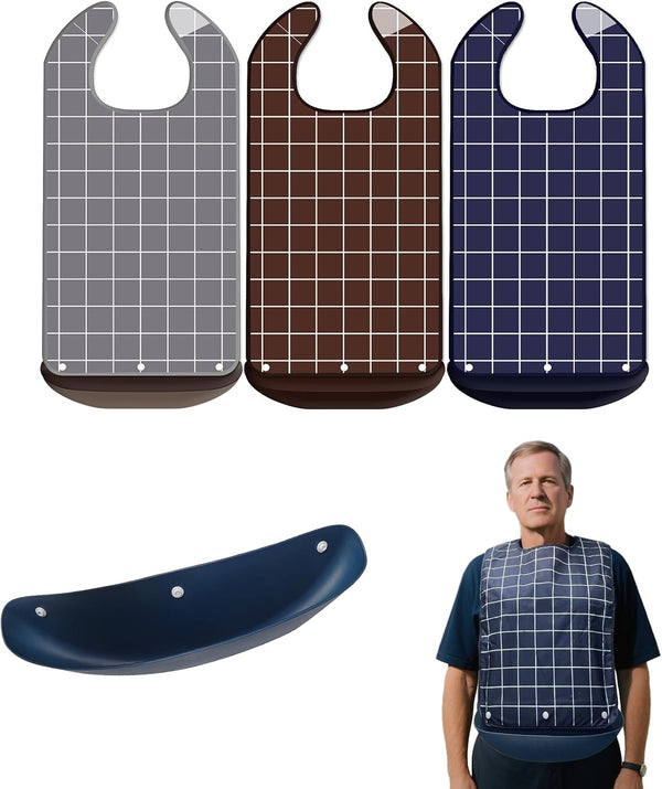 Adult Bibs for Men,Seniors,Women,3-Pack Washable Waterproof Bib with Crumb Catcher,Easy to Clean
