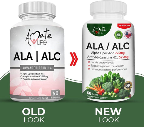ALA/ALC High Potency Formula- Best Alpha Lipoic Acid and Acetyl-L-Carnitine HCl Dietary Supplement- Antioxidant Support- Energy Boost- for Men and Women 60 Capsules