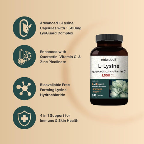 NatureBell L-Lysine 1,000mg Capsules + Quercetin 250mg with Vitamin C and Zinc - 240 Count, Immune Support