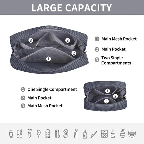 MAGEFY Makeup Bag 2 Pcs Corduroy Cosmetic Bag Mini Big Makeup Bags for Women Travel Pouch with Slip-in Pockets Eco(Black)
