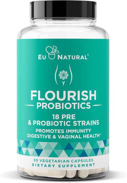 Flourish Probiotics + Prebiotics for Women, 14 Billion CFU, 30 Shelf-Stable Mini Vegan Capsules
