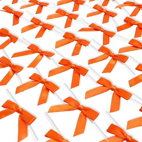 Bright Creations 100 Pack Orange Twist Tie Bows for Treat Bags - 3" Small Satin Ribbons for Craft Decoration and Gift