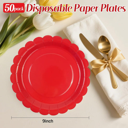 Xjoviative 50 9 Inch, 9 INCH) Pcs Red Paper Plates Scalloped Paper Plates Disposable Cake Dessert Dinner Plate