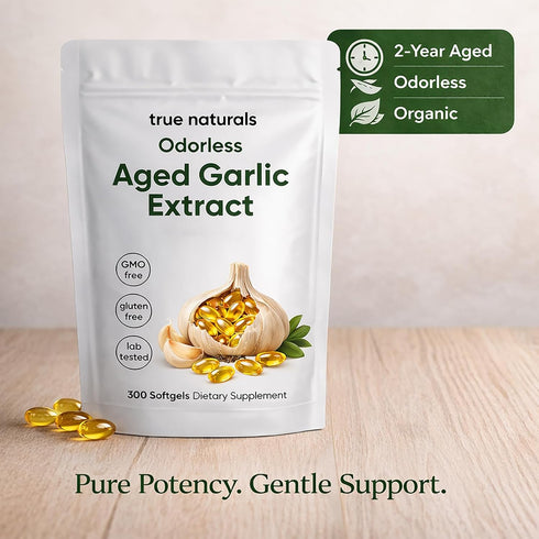 TRUE NATURALS 300 2-Year Immune (1) Aged Garlic Extract - Softgels, Odorless, Organic Garlic Supplement, Matured