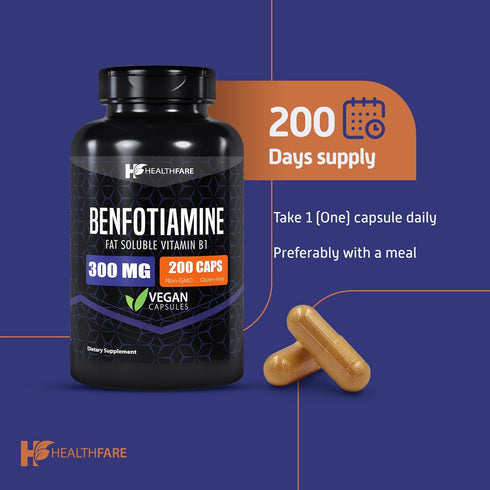 Benfotiamine 300mg | 200 Capsules Fat Soluble Thiamine Vitamin B1 for Overall Health | Non-GMO & Gluten Free