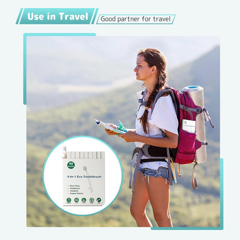 Travel Toothbrush Dental Floss Picks, 4 in 1 Biodegradable Disposable Toothbrushes, 80 Pack