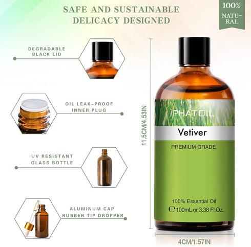 PHATOIL Vetiver Essential Oil 3.38fl.oz, Pure Aromatherapy Oils for Diffuser, Humidifier, DIY Soap, Candle Making