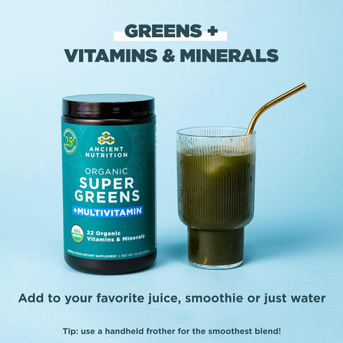 Ancient Nutrition Organic SuperGreens and Multivitamin Powder with Probiotics, 25 Servings for Digestive Support