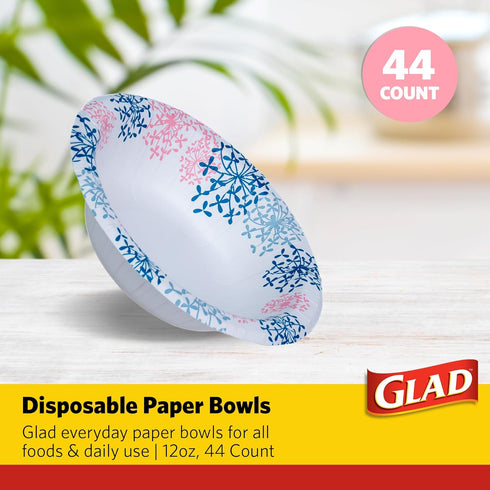 Glad Everyday Disposable Paper Bowls with Pink Hydrangea Design | Cut-Proof, Microwaveable Paper Bowls, Floral Themed Disposable Bowls for Everyday Use | 12 Ounces, 44 Count