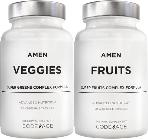Amen Fruits + Veggies Vitamins Bundle - Raw Whole Food Multivitamin Capsules, Non-GMO, 180 ct, Greens & Red Fruits