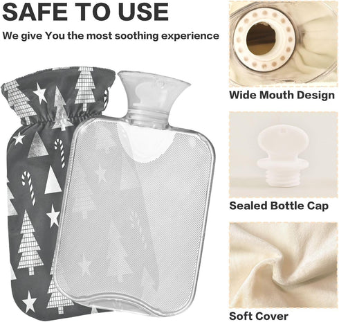 miaozhen 2L Gray and White Tree and Stars Travel hot Water Bottle with Soft Cover Warm Compress for Menstrual Cramps