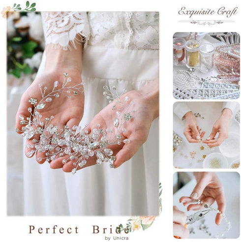 Unicra Bride Flower Wedding Hair Vine, Crystal Bridal Piece, Rhinestone Leaf Jewelry Headpiece for Women