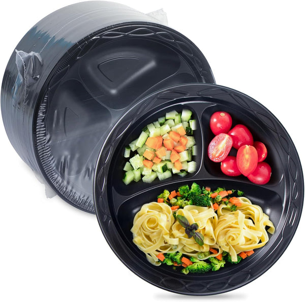 Reusable Plastic Plates, 3 Compartment Black Dinner Plates, Heavy Duty, Microwave Safe, BPA Free, Party Plates