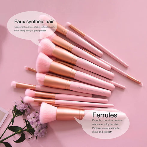 ZOREYA Makeup Brush Set - 15 Pcs Premium Synthetic Foundation Concealers Eye Shadows Make Up Brush,Eyeliner Brushes(Pink)