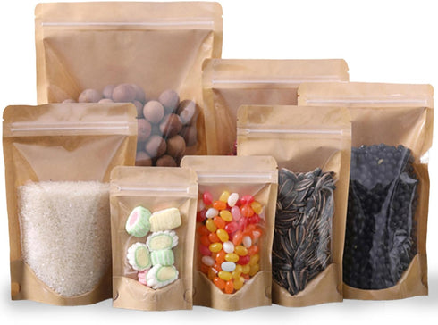 50pcs Kraft Bags with Window, Clear Front Pouches, Resealable Stand Up Zip Lock Food Storage Bags, Brown