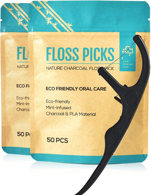 Y-Kelin Natural Dental Floss Picks, Vegan Eco Friendly Black Bamboo Charcoal Toothpick, 100 Pcs