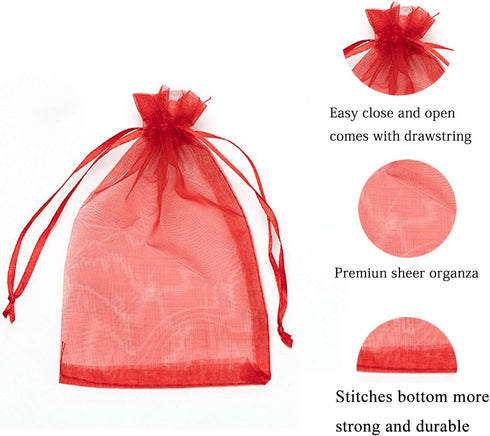 100 Pc 5x7 inch Red Gift Wrap Bags, Organza Sheer Fabric Drawstring Treat Bags for Baby Shower, House Party Favors