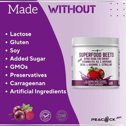 Superfood Beet Powder - Nitric Oxide, Green Tea, BCAA, L-Arginine, L-Citrulline for Heart Health Support, Non-GMO Berry