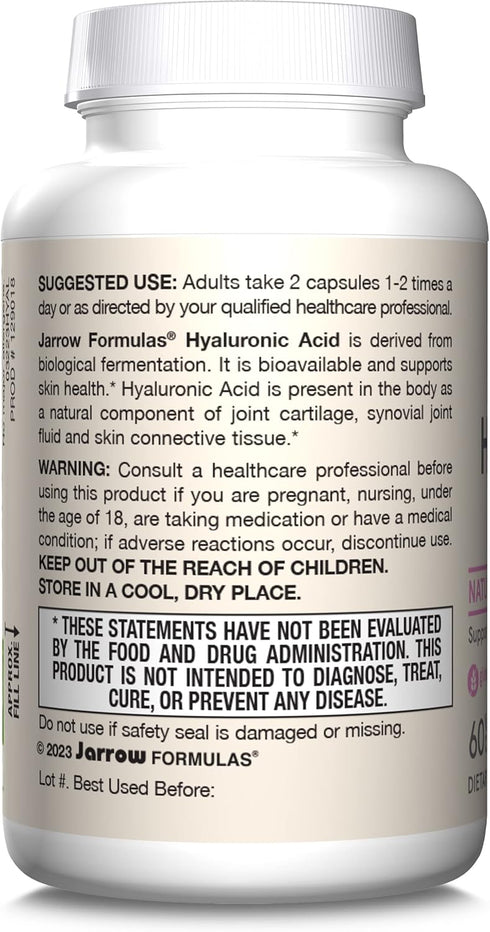 Jarrow Formulas Hyaluronic Acid 120 mg, Dietary Supplement for Skin Health Support, 60 Veggie Capsules