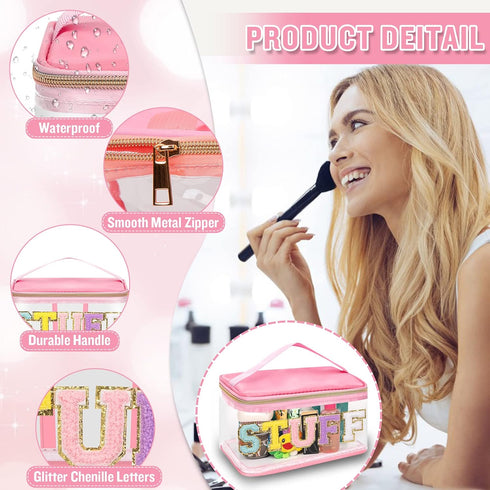 Chenille Letter Clear Makeup Bags Stuff Pouch, Preppy Zipper Makeup Bag with Handle, Transparent Waterproof Storage