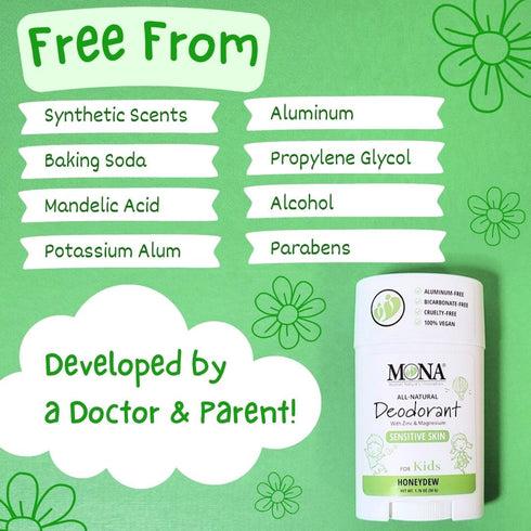 MONA 100% Natural Deodorant for Kids, No Baking Soda or Aluminum, Hypoallergenic & Vegan, HONEYDEW 1.76 Oz