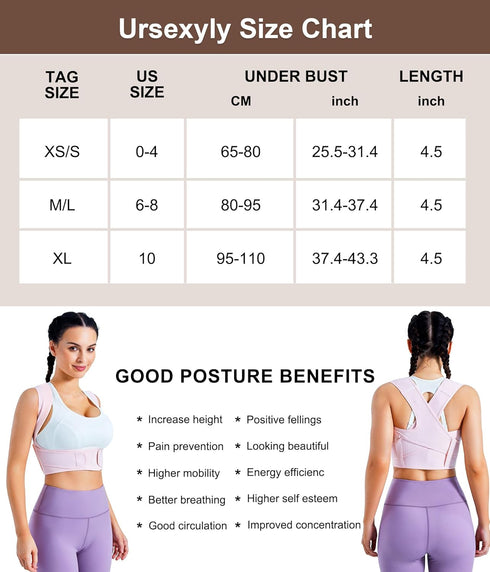 URSEXYLY Adjustable Posture Corrector for Women, Upper Back Brace Support Back Straightener for Pain Relief (XS/S, Pink)