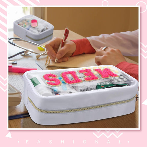 Hillban 2 Pcs Medicine Bag, Chenille Letter Preppy Clear Makeup Meds Travel Bag, PVC Transparent Cosmetic Pouch Set
