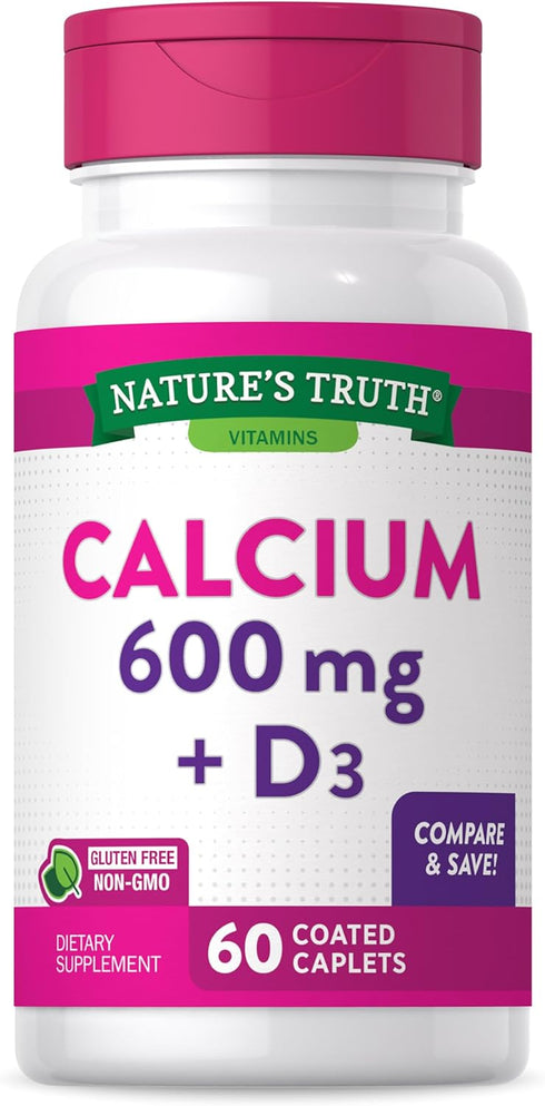Calcium 600mg with Vitamin D3 | 60 Count | Vegetarian, Non-GMO, Gluten Free Calcium Carbonate Supplement