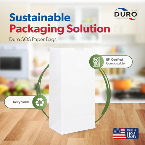 Duro 8# White Paper Lunch Bags, 100 Count - Bulk Disposable SOS Paper Sacks for Takeout/Delivery