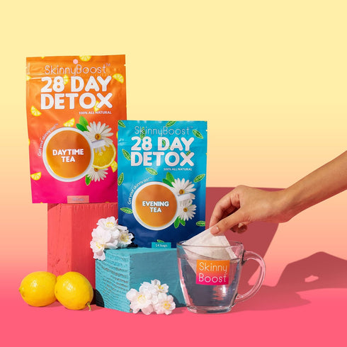 Kit-2 Pack-2 2 (28 2 (14 Skinny Boost Tea Plus Free Fruit Slice Tumbler- Daytime Teas Bags/Pouch) Evening Detox Teas