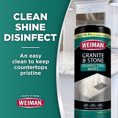 Weiman Granite Cleaner and Polish - 30 Wipes for Granite, Marble, Quartz, and More (Pack of 1)